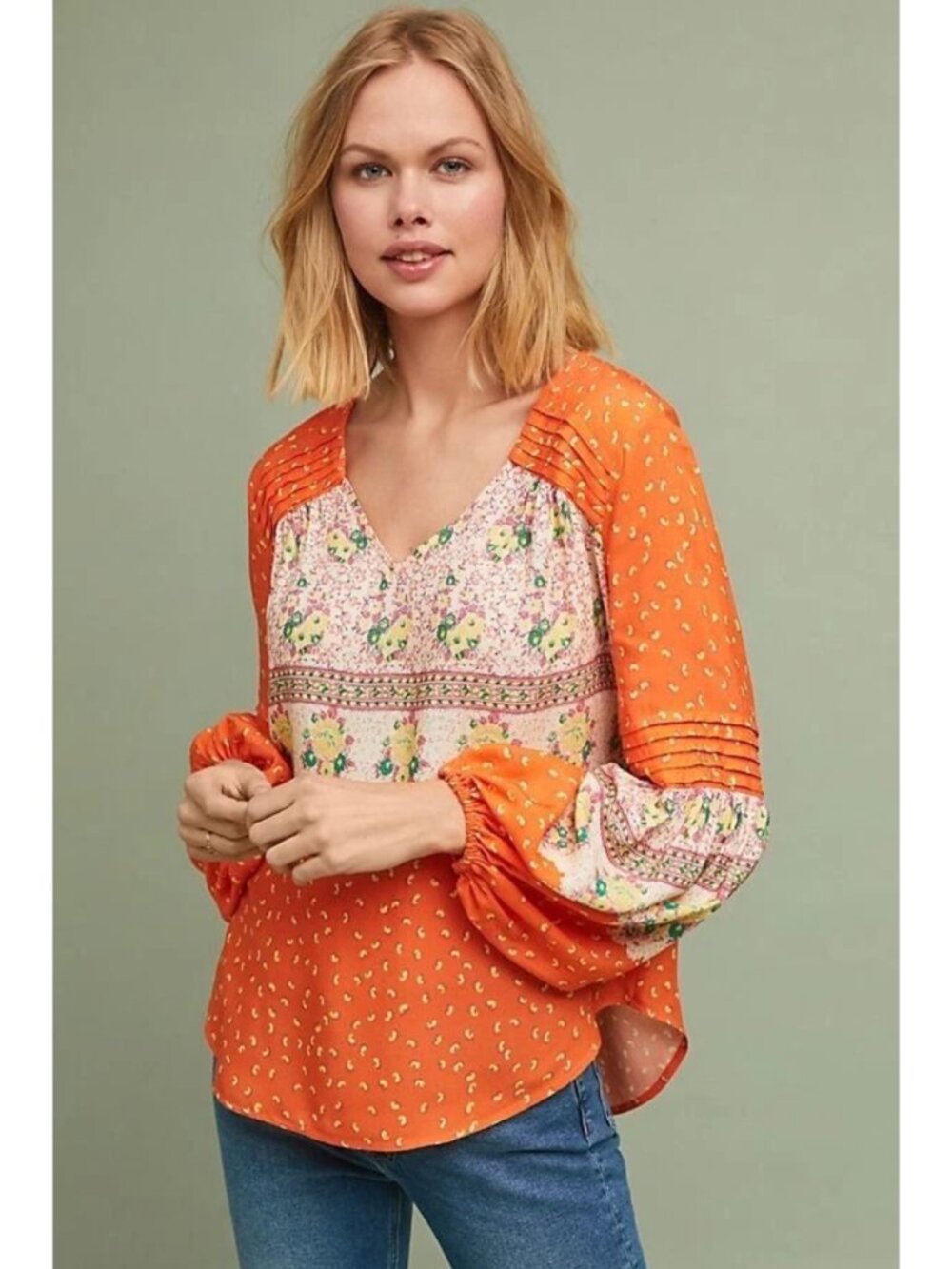 Anthropologie Maeve Ceresco Peasant Blouse in Orange Motif